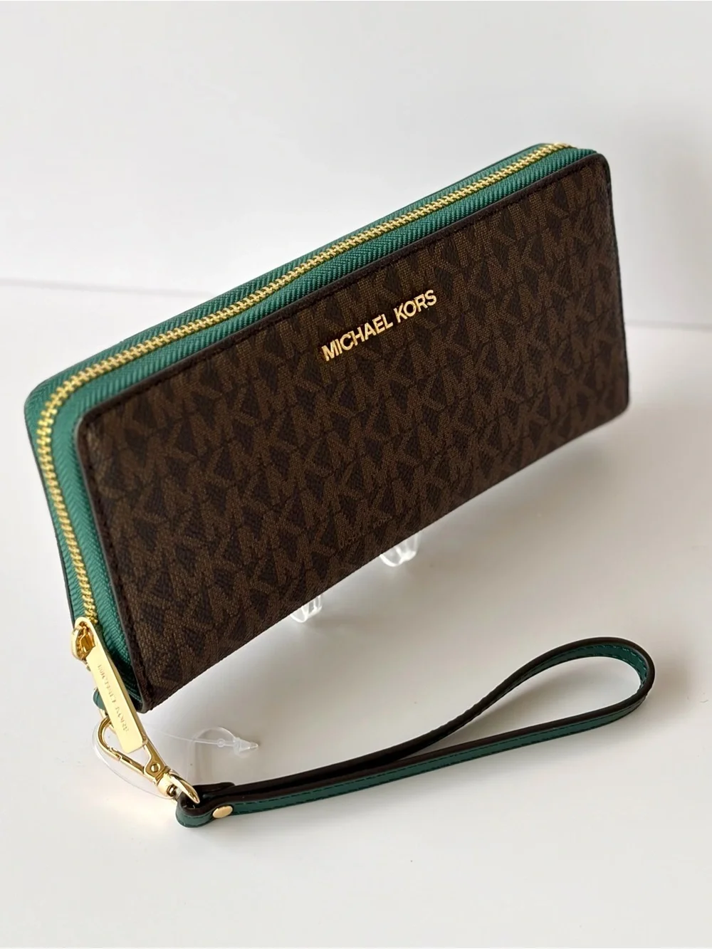 Michael Kors Racing Green Jet Set Travel Continental Wallet with Gold Hardware